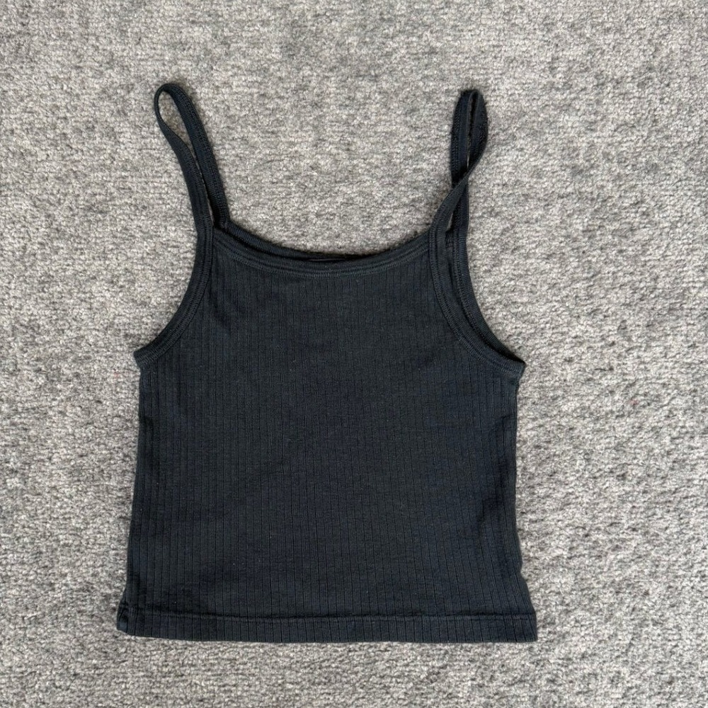 Brandy Melville Black Ribbed Cropped Tank Top Spaghetti Strap Cotton Italy 3758